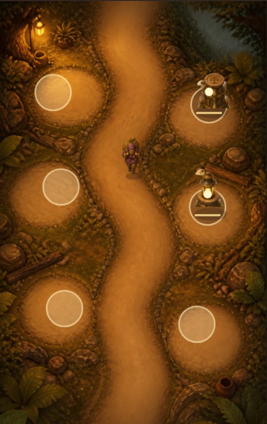 Agoro Road running in a browser: the painted Lantern Bend plate with roadside rings and the stamp satchel