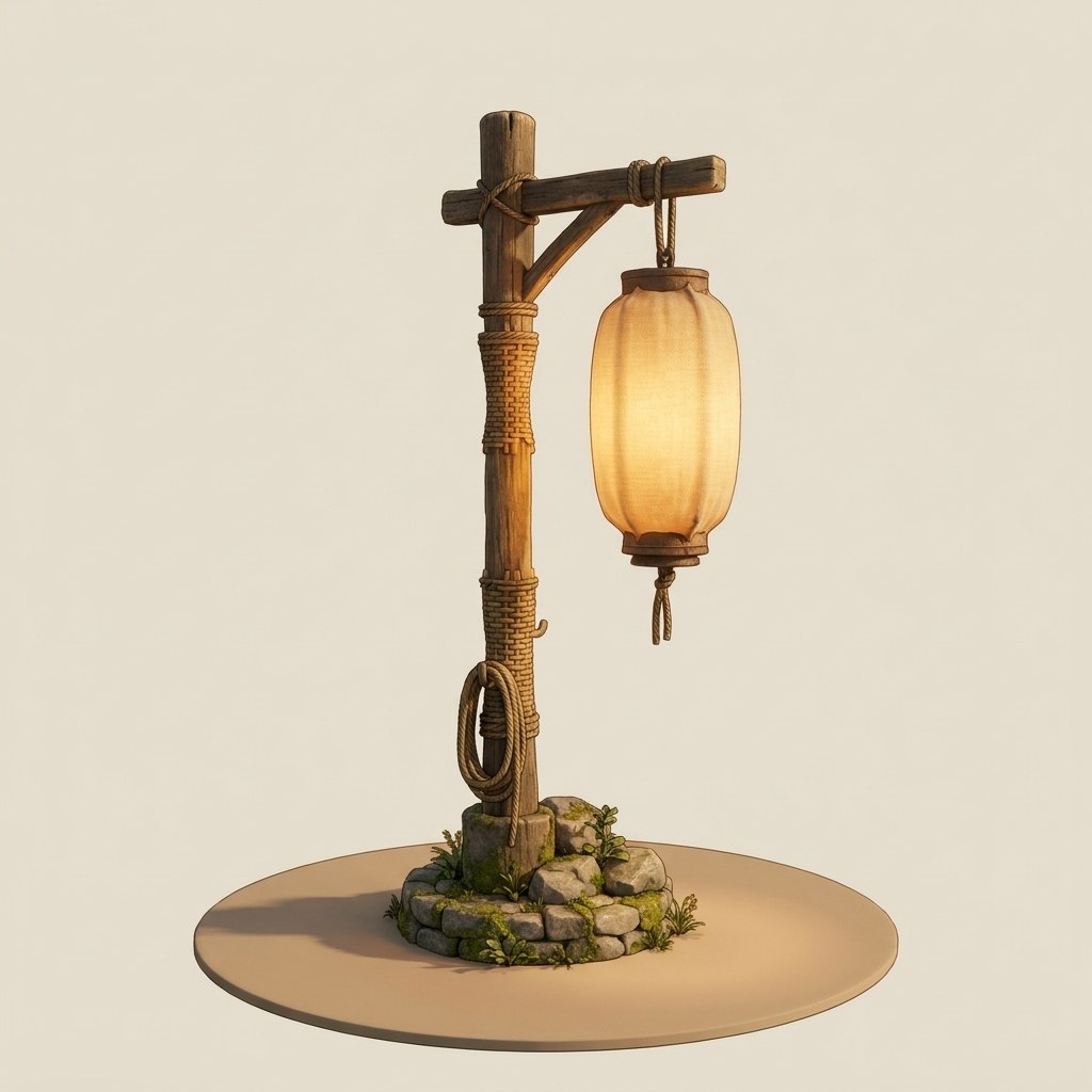 The Lamplight: a tall wooden post with a glowing paper lantern