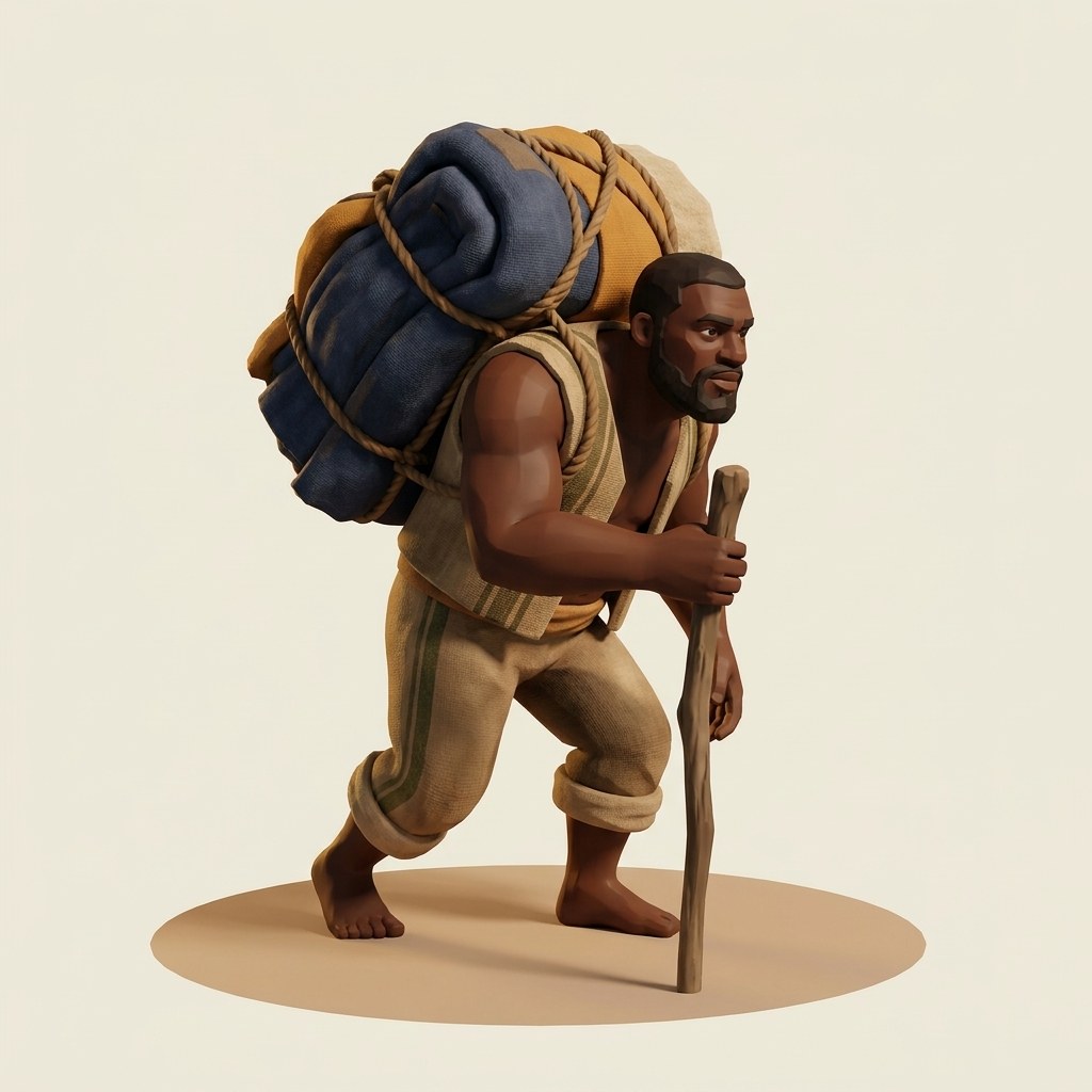 The heavy carrier: a broad figure bent under a large blue pack