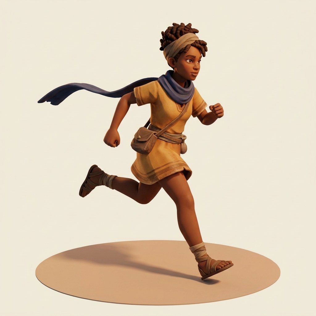 The swift traveller: a young runner with a blue scarf mid-stride