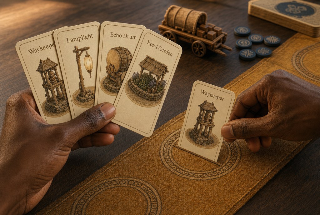 Two players' hands: one holding a fan of stamp cards, one pressing a Waykeeper card onto a ring