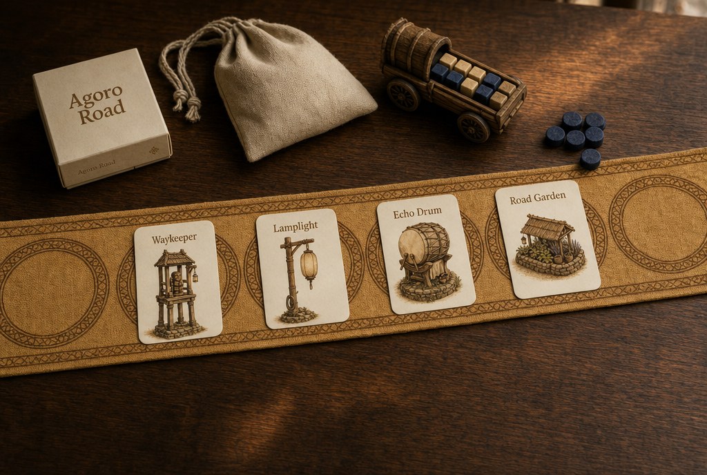 The Agoro Road card game laid on a walnut table: a printed road, four stamp cards, a cloth bag and wooden tokens