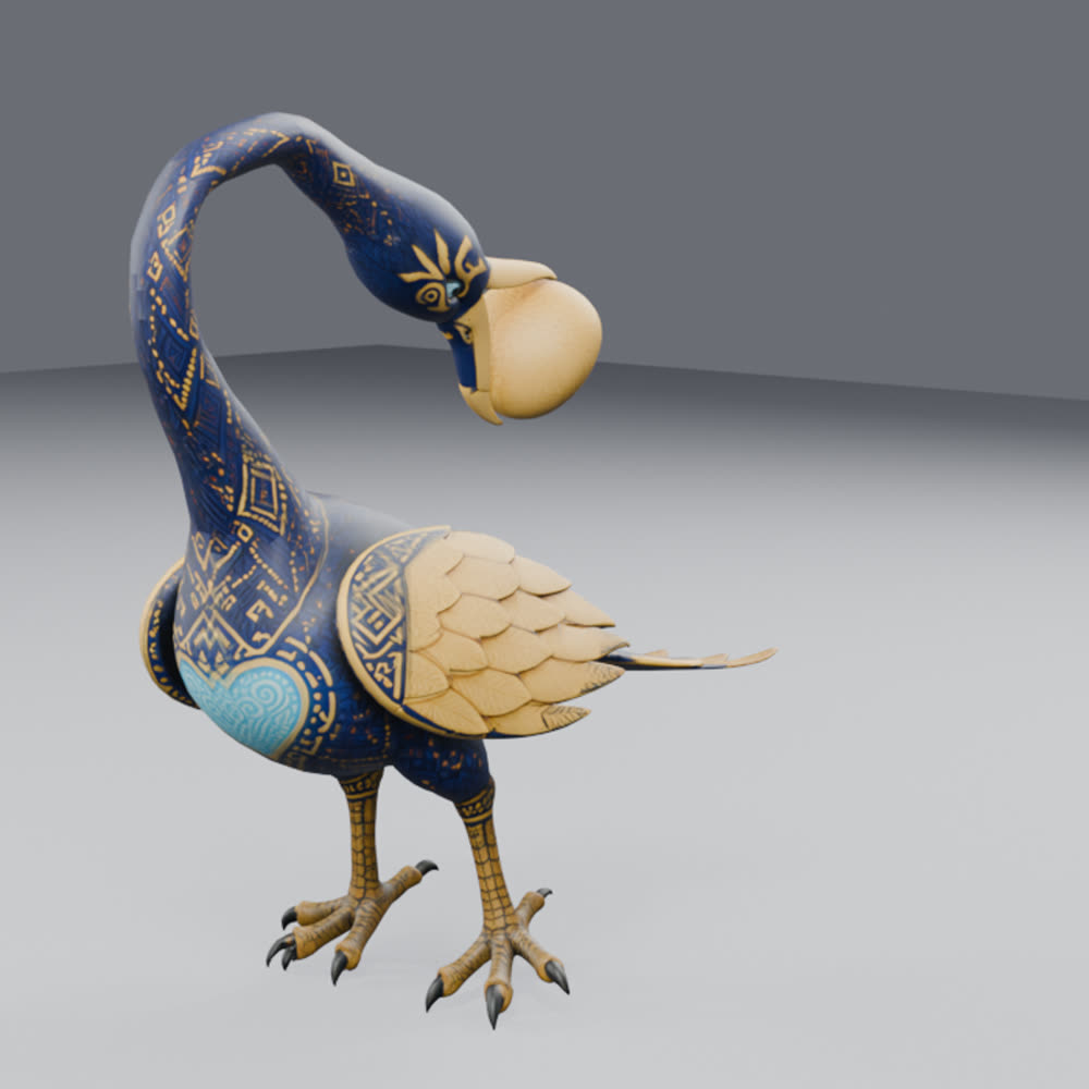 Kofa performing the sankofa look-back: the neck arcs up and back over the spine, the head reversed, the gold egg carried with it