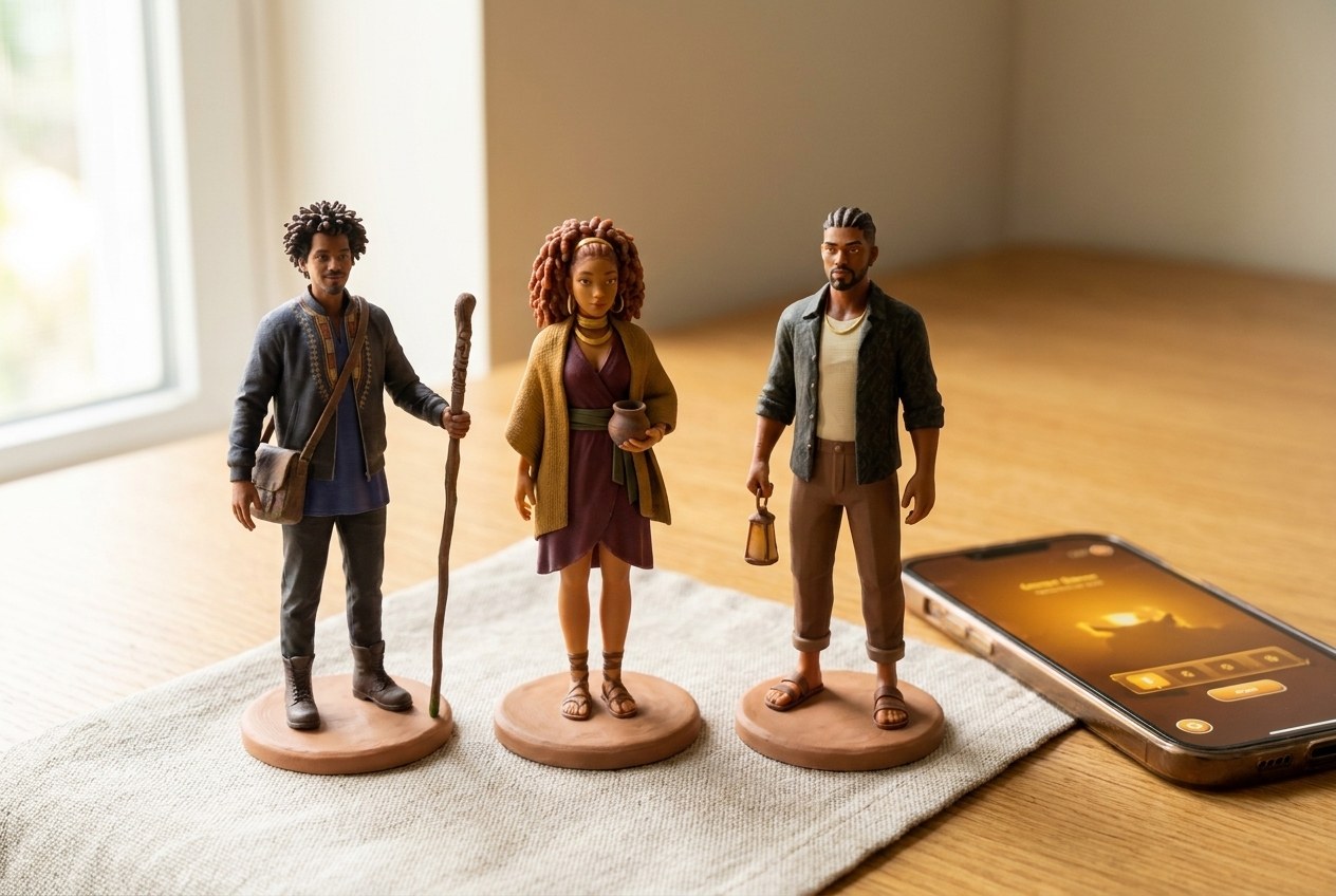 Three printed figurines on a desk by a window: Daniel with a staff, Amara with a clay pot, Kai with a lantern, beside a phone showing the game