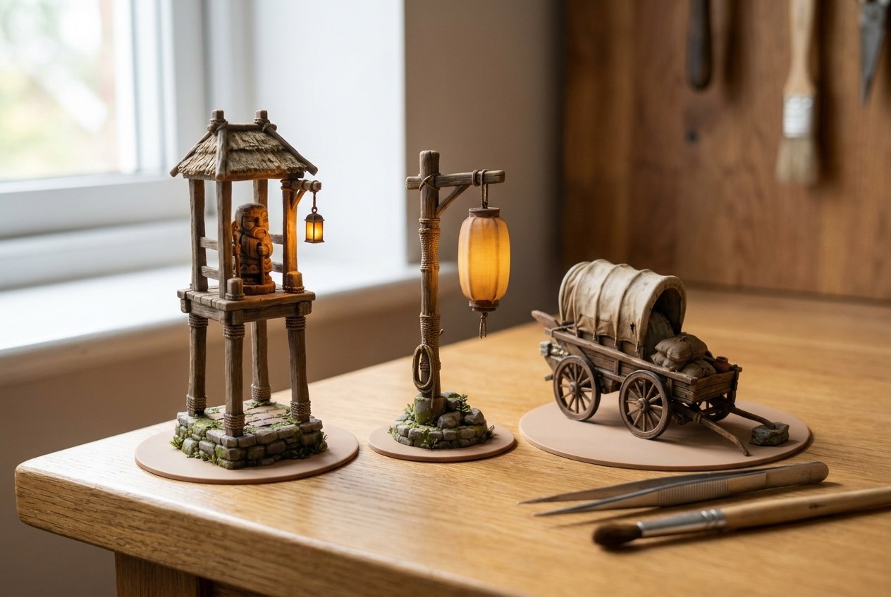 Three printed miniatures on a desk: the Waykeeper watch-post, the Lamplight and the covered cart