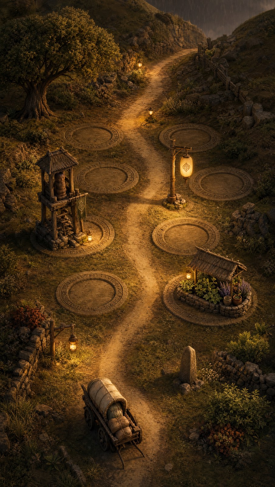 Lantern Bend at dusk: a winding earth road, six roadside rings, one lantern already lit