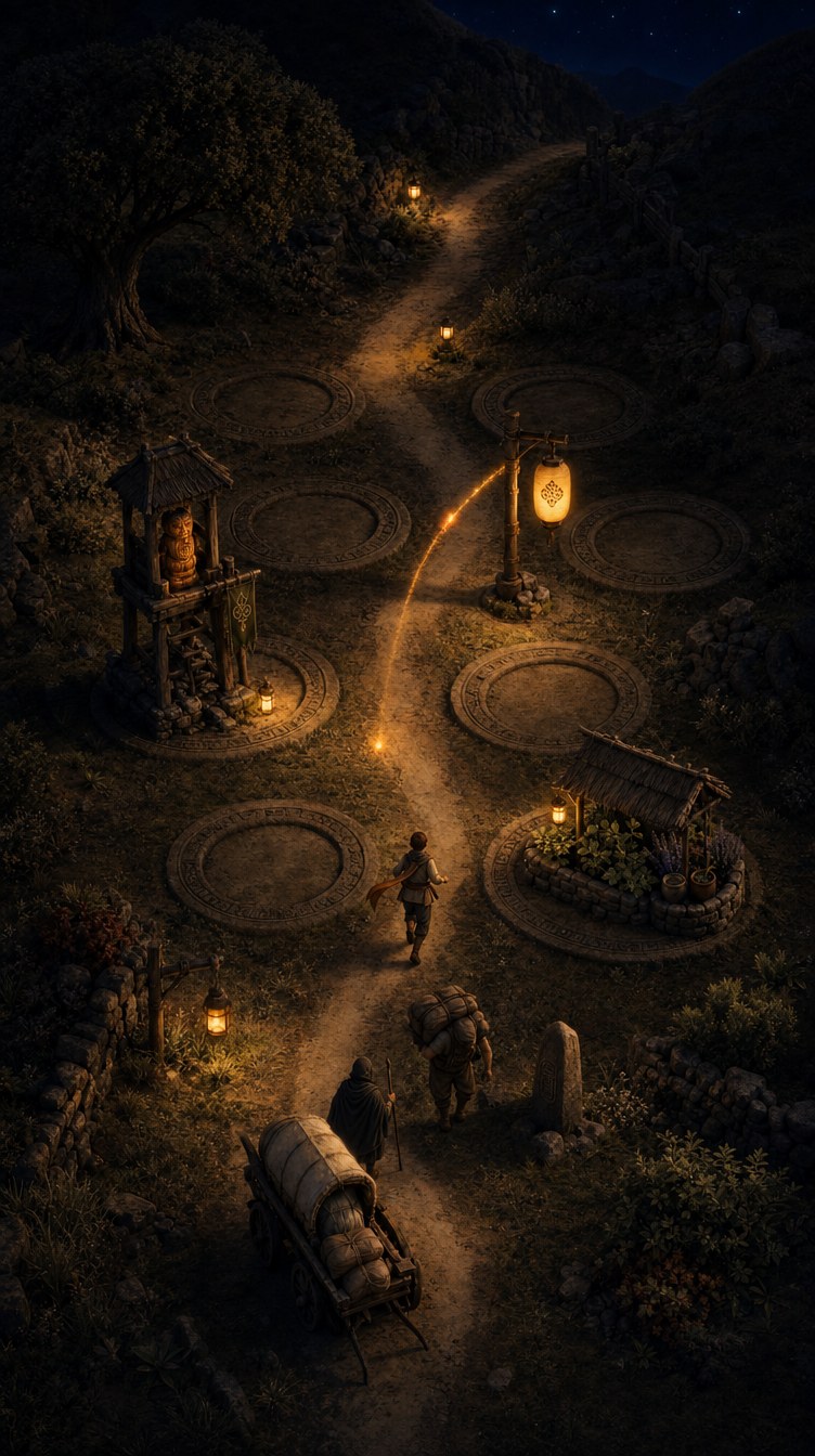Lantern Bend at night: the road lit only by lamplight, a cart waiting at the bend