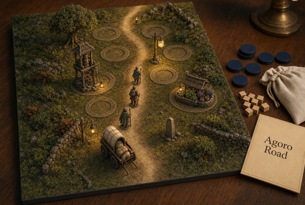 A sculpted miniature board of the Hearthland road with painted miniatures and a cloth bag