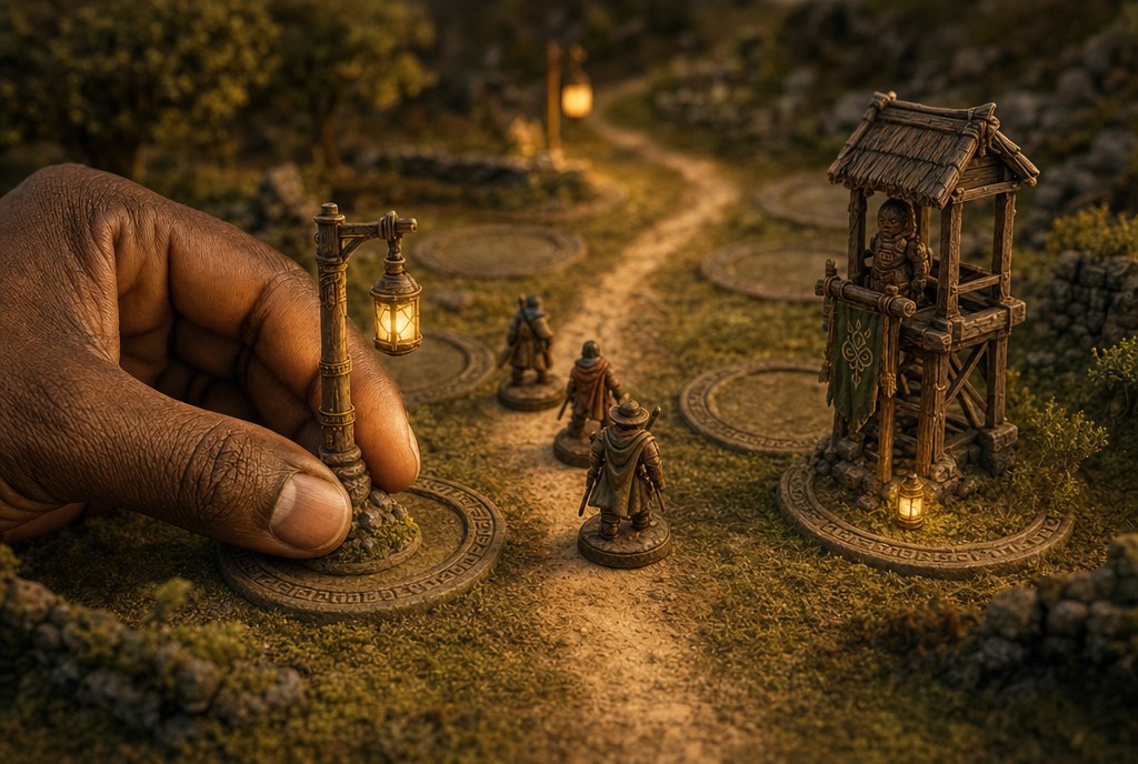 A hand placing a painted lantern-post miniature onto a carved ring on the board
